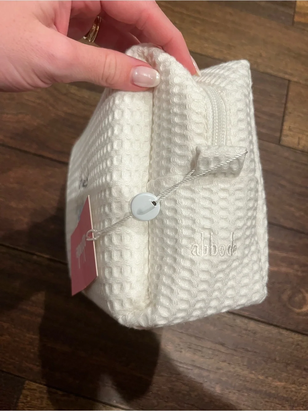 Abbode white 'Bride' Waffle Cosmetic Pouch with Light Blue Bow